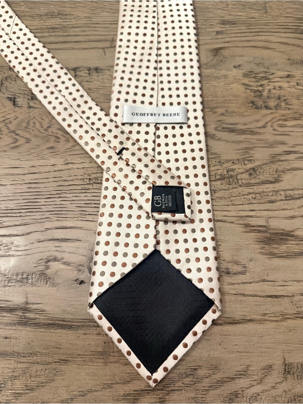 Geoffrey Beene Cream Tie with Brown Polka Dots